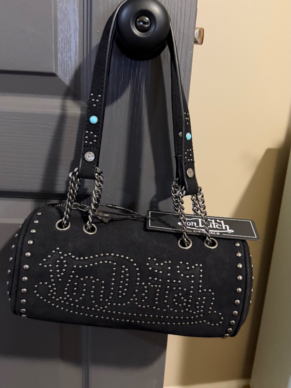 NWT Von Dutch Black Studded Long Barrel Bag Chain Shoulder Purse Y2K Goth Punk